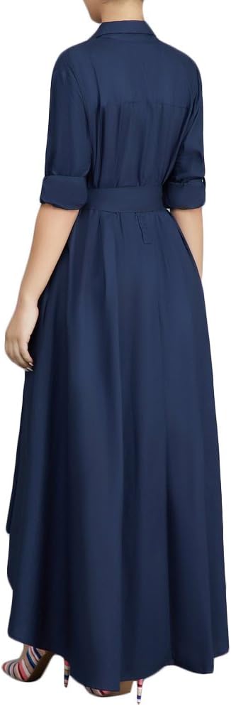 VERWIN Women Long Sleeve Loose Elegant Maxi Dress Button Down Up Shirt Long Dress with Pockets and Belts - Image 3
