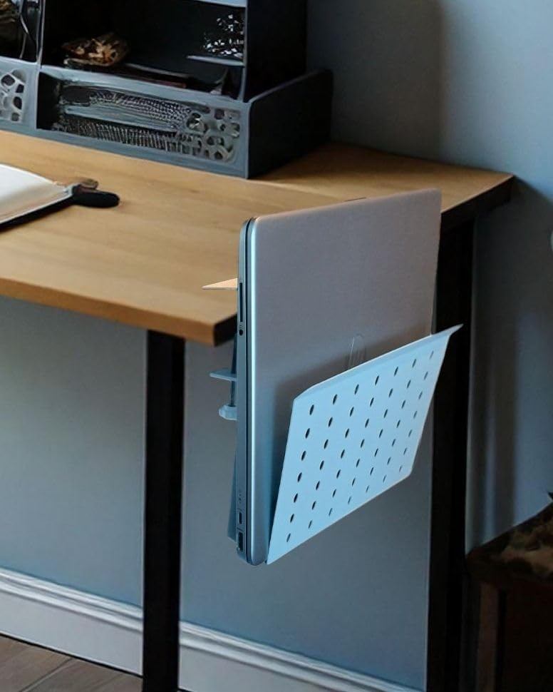 Desk Side Mount Laptop Holder (White) - No Drill Steel Hanging Organizer for Office & Home - Under Desk Storage image 2 of 9 B0D9MYB359