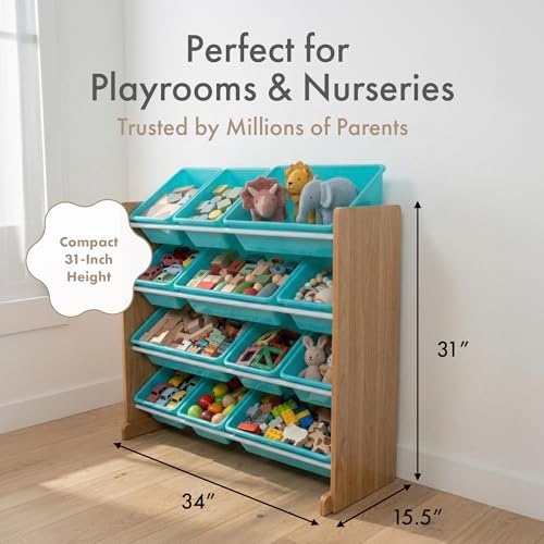 Image of Humble Crew Toy Storage Organizer with 12 Removable Storage Bins for Kids Playroom, 4-Tier Toddler Toy Organization, Natural Wood /Aqua
