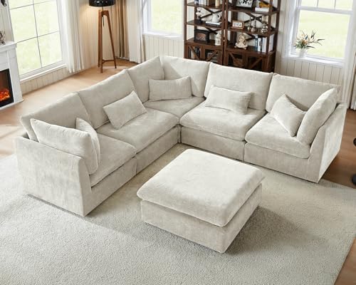 CHIC HOUSE 126" Oversized Chenille Modular Sectional Sofa, Extra Deep 6-Seater Sofa Modern Cloud Couch with Corner&Ottoman, Sectional Sleeper Sofa for Living Room, V-Shaped, Chenille, Beige - Thumbnail 3