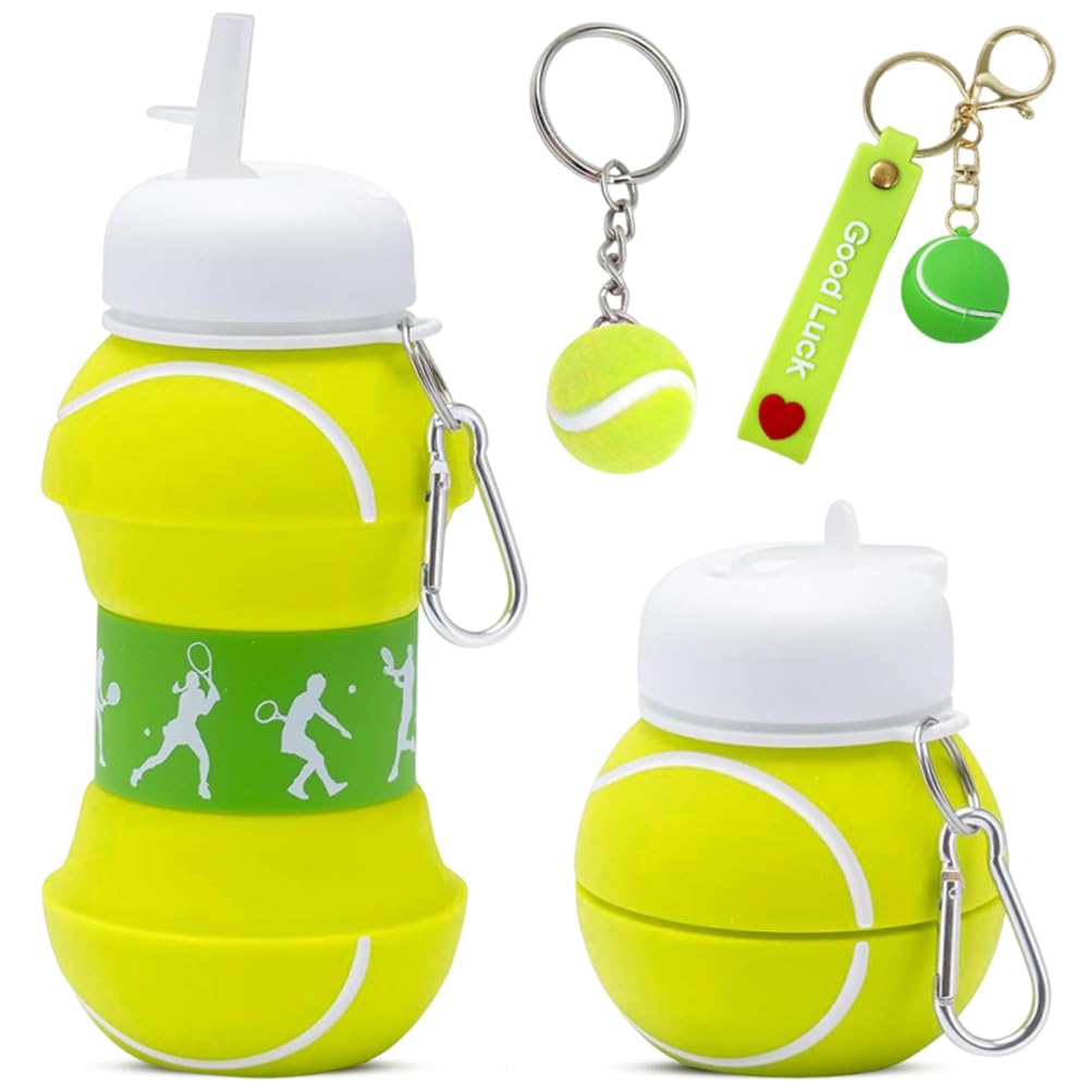 Collapsible Silicone Water Bottle 550ml – Foldable Tennis Ball Sports Bottle for Kids & Adults, Leak-Proof Reusable Travel Flask with 2 Tennis Keychains Gift for Sport Players Hiking Gym School