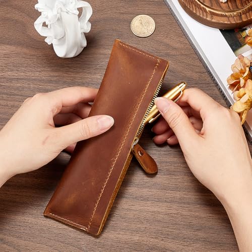 GORGECRAFT Top Grain Water buffalo Leather Pen Zippered Holder Real Leather Pencil Pouch Vintage Crazy Horse Leather Pen Bag Fountain Pen Holder for Business Office Stationery Storage Saddle Brown - Image 3