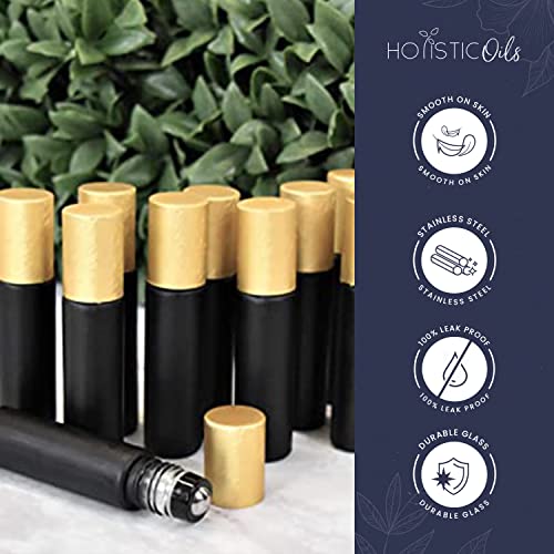 12-Pack 10ml Black Glass Roller Bottles with Brushed Gold Leakproof Caps – Premium Empty Roll-On Bottles for Essential Oils, Perfumes, Serums, DIY Aromatherapy & Beauty Products3