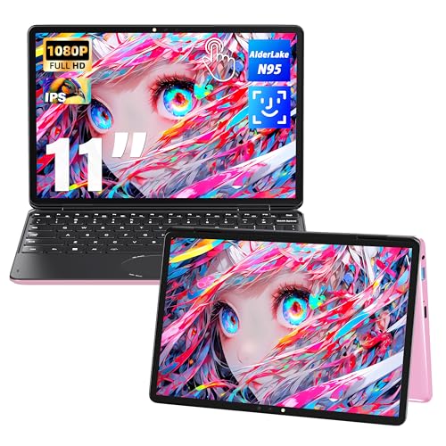 Ordenador portátil 2 en 1 de 11 pulgadas, pantalla táctil rosa, procesador N95 hasta 3,4 GHz, 8 GB DDR4 RAM, 512 GB SSD, pantalla IPS FHD, teclado convertible, cámara web, WiFi, reconocimiento facial