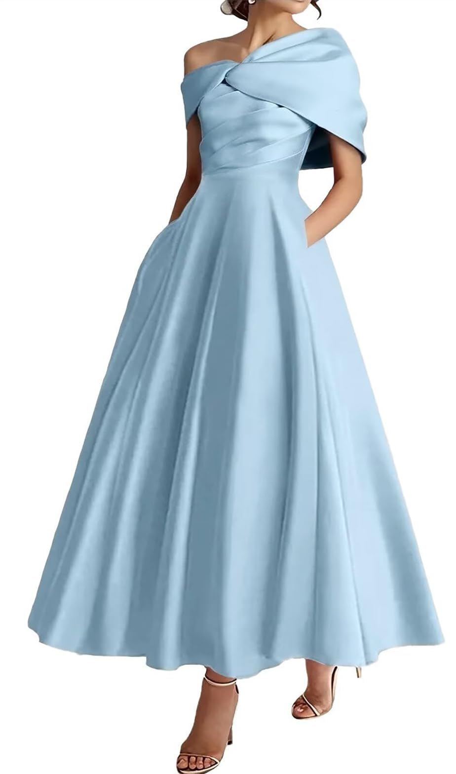 Wseyu Women's Light Blue One Shoulder Mother Of The Bride Dresses With Pockets Satin Formal Evening Prom Gown Tea Length Zmki328 Uk20