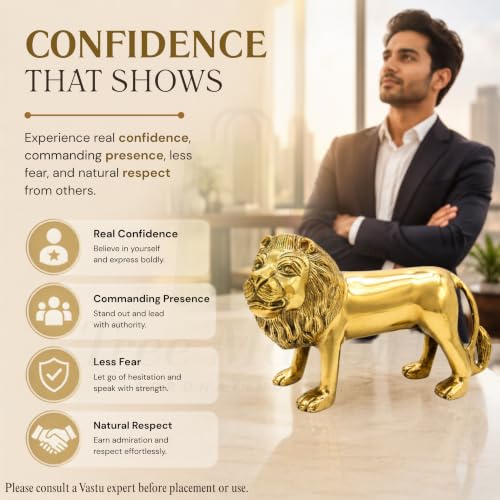 Image of Brass Lion Statue | Weight - 2140 G (Approx) | Size-5 x 9INCH | Vastu Remedy | Zonal Placement -North-North-East | Lion Statue for Home Decor | Showpiece