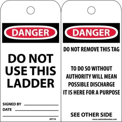 NMC RPT70 "Danger - DO NOT USE This Ladder" Accident Prevention Tag, Unrippable Vinyl, 3" Length, 6" Height, Black/Red on White (Pack of 25)