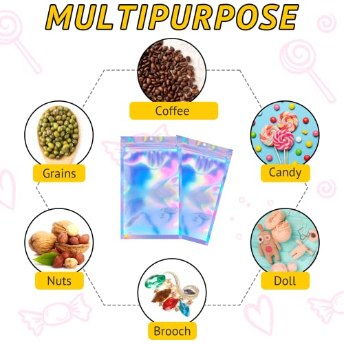 TIFICAL 100 PCS Smell Proof Bag, Mylar Bags Holographic Packaging Bags for Small Business, Foil Freshies Bags for Food Storage, Sample Bags Resealable Bags for Eyelash, Jewelry, Lip Gloss