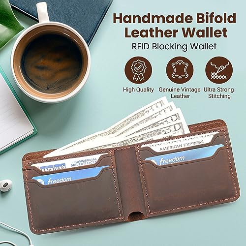 Leather Wallet for Men, RFID Blocking, Top Grain Leather Mens Bifold Wallets, Genuine Leather, Handcrafted, Strong Stitching, Extra Capacity for bills, 6 Card Slots, Gift for Him3