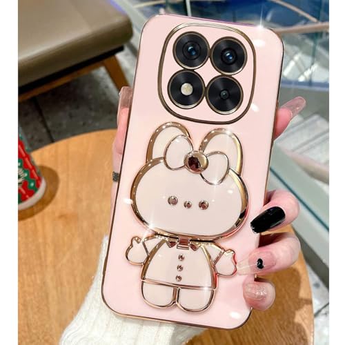 Image of KC Back Cover for Mi Redmi Note 14 Pro 5G - Hidden Bunny Mirror Folding Bracket Kickstand Electroplated Soft Silicone Camera Protection Case - Pink