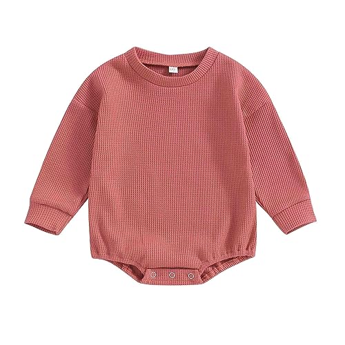 Image of Gueuusu Newborn Baby Boy Girl Fall Outfit Crewneck Sweatshirt Romper Waffle Long Sleeve Sweater Bodysuit Jumpsuit Outfit (watermelon red, 0-6 Months)
