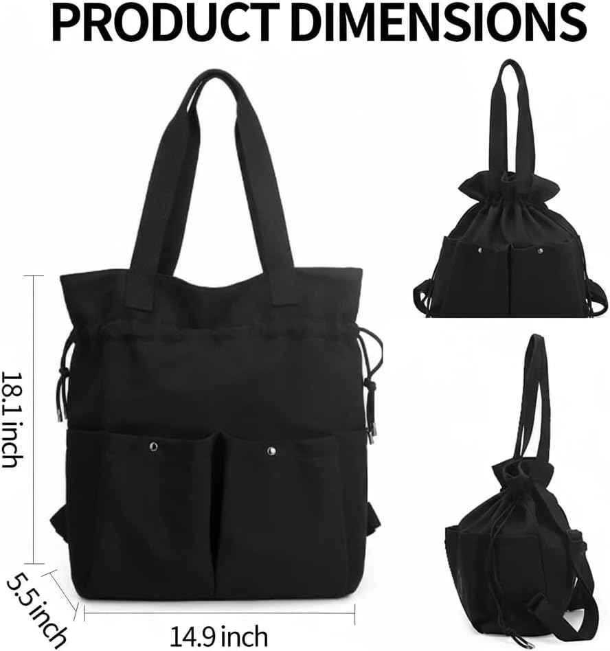 Drawstring Gym Backpack, Convertible Tote Backpack, Sports Gym Bag for Women Men Travel Tote Bags for Beach, Swim and Travel Workout -Black - Image 6