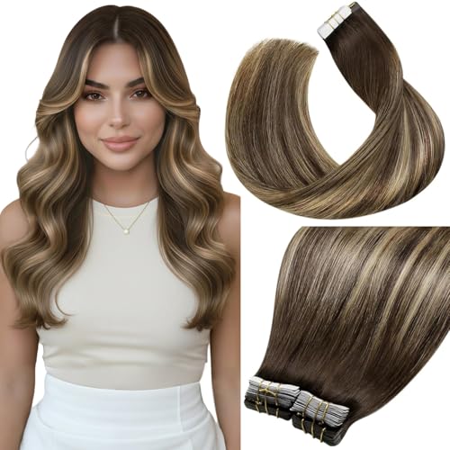 Image of LaaVoo Balayage Hair Extensions Tape in Real Human Hair Tape in Hair Extensions Brown to Caramel Blonde with Dark Brown Tapes on Extensions Invisible Hair 20 Inch 40pcs 100g