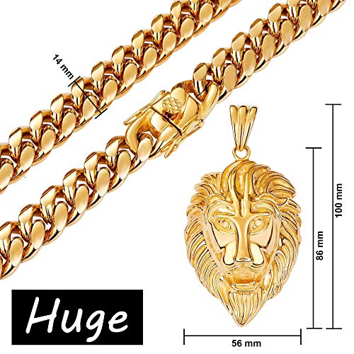 Huge Lion Necklace 18K Gold Stainless Steel Head Pendant Necklace Mens Hip Hop Rapper with 14MM Miami Cuban Link Chain 30inches3