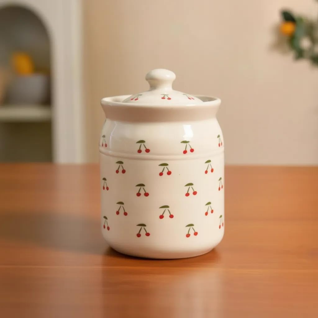 Cherry Printed Ceramic Handglazed Pickle Jars Set of 1-1000 ML Each | 1 kg Achaar Martban Barni Jar with Lid | Ceramic Storage Jar Container Pickle/Achar, Chatney