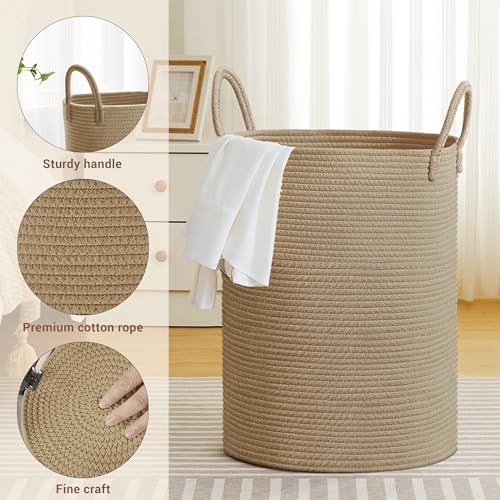 Image of 100L Extra Large Tall Cotton Rope Laundry Basket with Handles, Jute