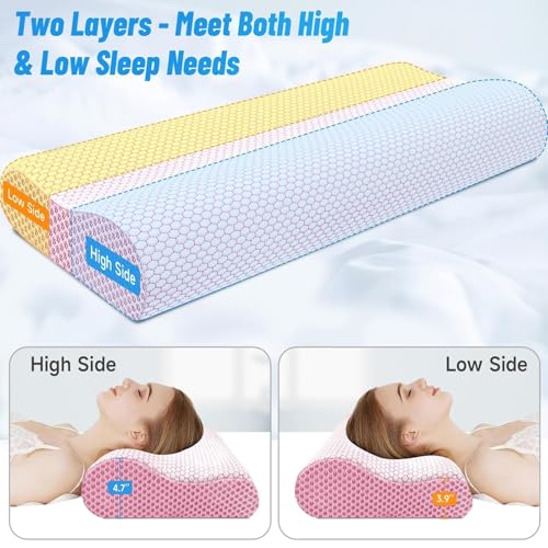 Image of CloudBliss Memory Foam Pillow, Ergonomic Neck Contour Cervical Pillow for Back and Shoulder Pain, Orthopedic Pillow for Neck Pain Relief, for Sleeping Side, Back, Stomach Sleepers - Pink, King