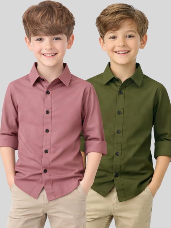Image of YYQ Pack of 2 Boys Solid Cotton Blend Shirts - Full Sleeve Casual, Soft & Comfortable Spread Collar Shirts for Boys