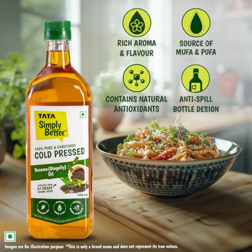 Image of Tata Simply Better Pure & Unrefined Cold Pressed Sesame(Gingelly)Oil,Naturally Cholesterol Free,500ml,Sesame Oil with Rich Aroma & Flavour of Real SesameSeeds,For Daily Cooking with Multipurpose Usage