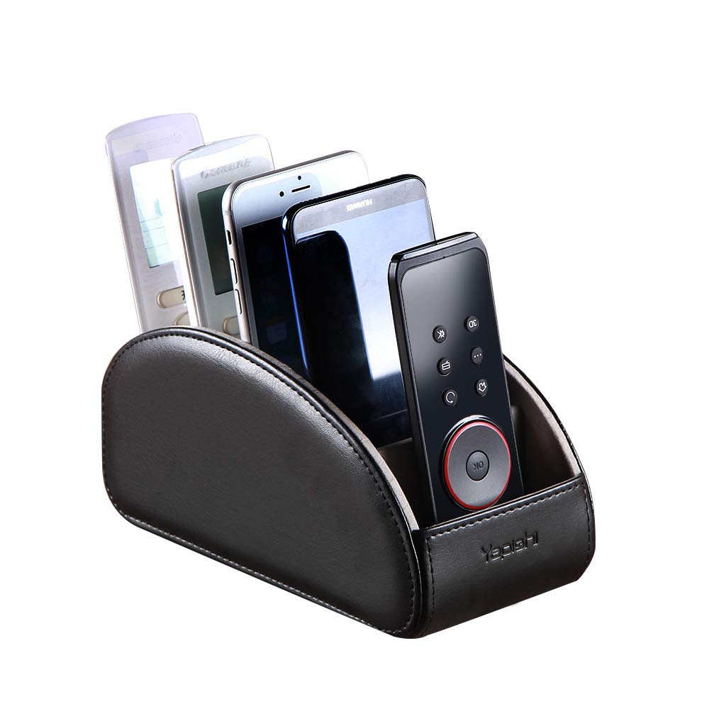 YAPISHI Large Leather TV Remote Control Holder Organizer Black with 5 Compartments Nightstand Desktop Media DVD Player Remote Tray Caddy Storage Box