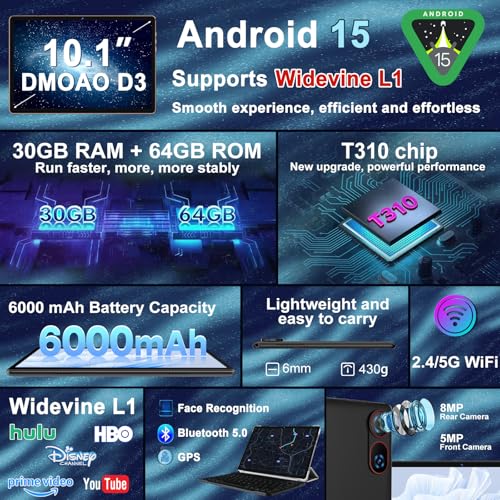 Image of DMOAO Tablet, 2026 Android 15 Tablet with Gemini AI, 10.1 Inch FHD Display, 30GB RAM 64GB ROM /1TB TF, 6000mAh Battery, Octa-Core 2.0GHz, Widevine L1, 2 in 1 Tablets with Keyboard Mouse(Black)