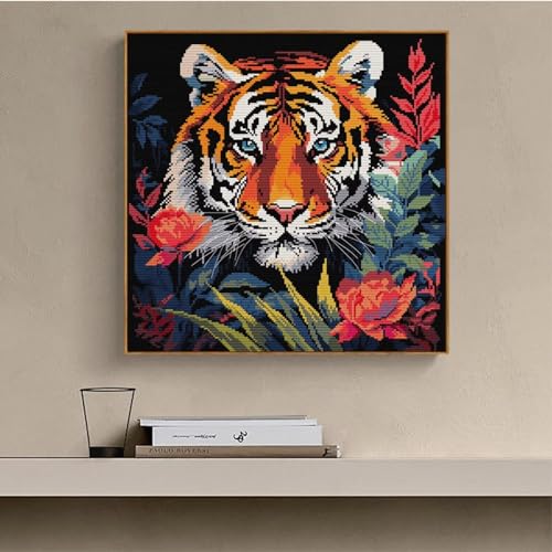 Image of Stamped Cross Stitch Kits Full Range of DIY Needlepoint for Adult Beginners Tiger Pattern, for Gift and Home Decor 14CT 2 Strands 15.7x15.7 inch