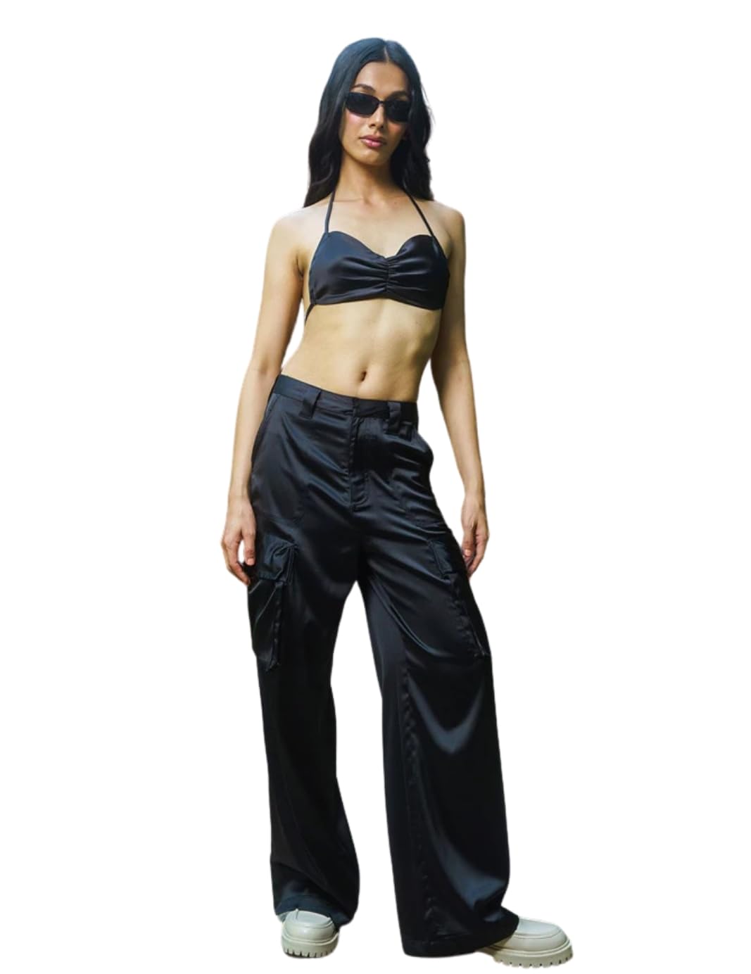 Bonkers Corner Black Satin Backless Top in black