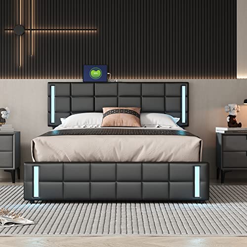 Queen-Size-Upholstered-Platform-Bed-with-4-Storage-Drawers-LED-Lights-and-USB-Charging-Faux-Leather-Queen-Bed-Frame-with-Headboard-and-Slat-Support-No-Box-Spring-Needed-Queen-Black