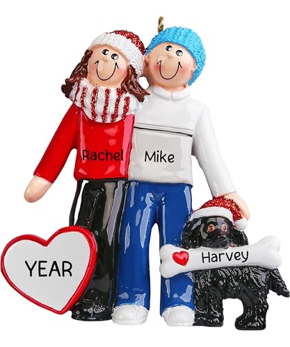 Personalized Couple with Dog Ornament 2025 – Family of 2 Christmas Tree Keepsake | Laser Engraved Newlywed with Puppy | Free 24h Customization | Custom Gift Wrapped for Pet Owners (Black Dog)