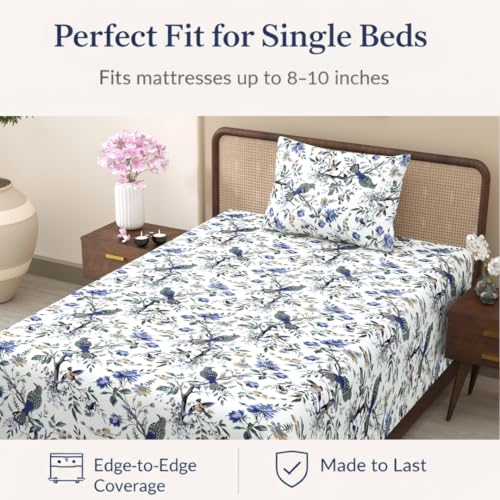 Image of elanorhomes 100% Cotton 240 TC Single Bed Sheet Set | Floral Printed Bedsheet with Pillow Cover | Soft Breathable Fabric for Bedroom | 60x90 Inches (Skyfall Petals)