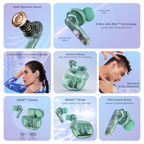 Image of Boat Airdopes 191 ANC, 32dB ANC, Ambient Mode, 60HRS Battery, 4Mics ENx, in-Ear Detection, IWP Tech, Fast Charge, v5.3 Bluetooth Earbuds, TWS Ear Buds Wireless Earphones with mic (Pellucid Green)