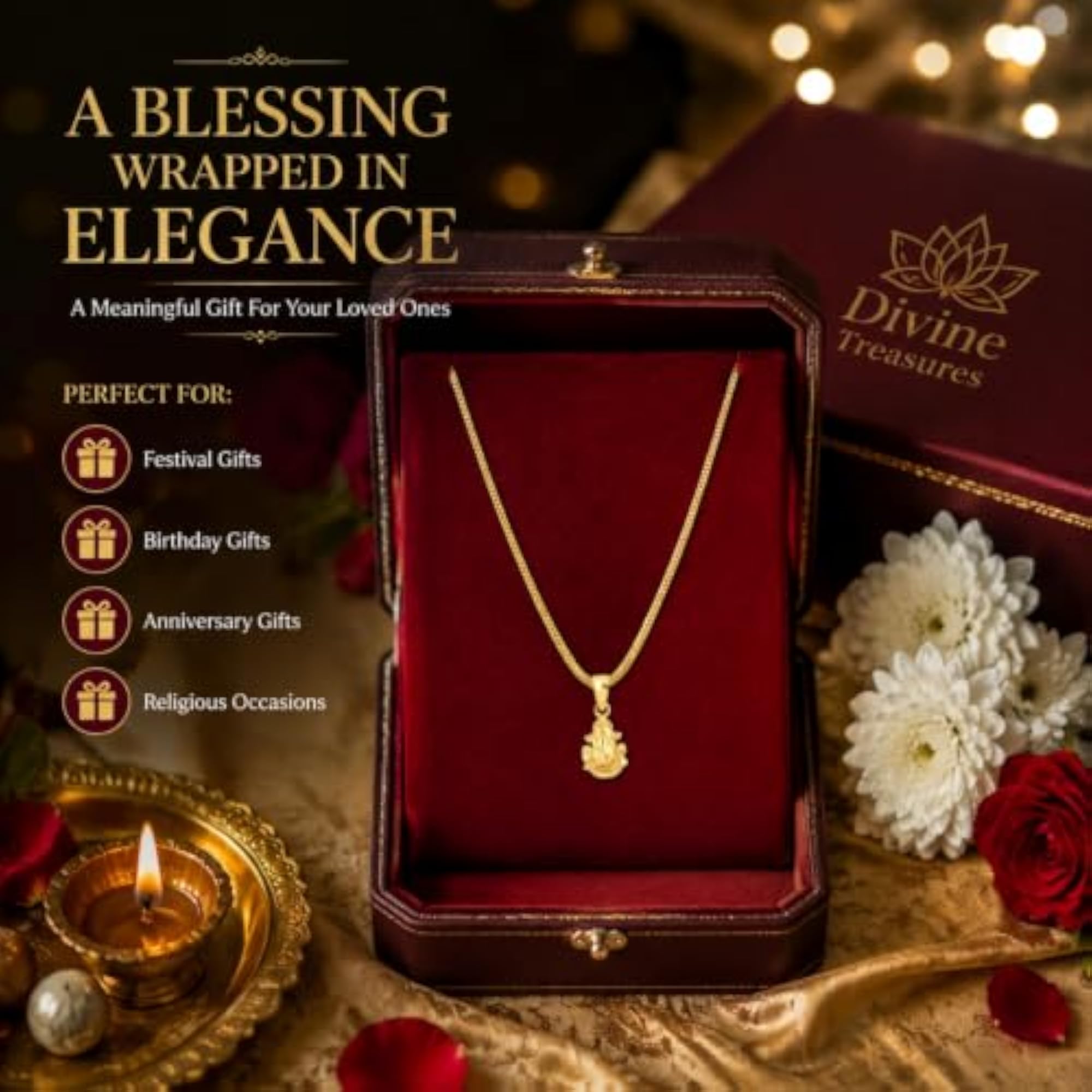 Ganesh Ji Pendant with Micro Gold Plated Brass Chain, Traditional Necklace