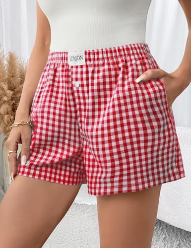 LOMON Boxer Shorts for Women Summer Gingham Cotton Pajamas 2025 Lounge Sleep Pj Plaid Shorts Y2K Beach Bottoms with Pockets2
