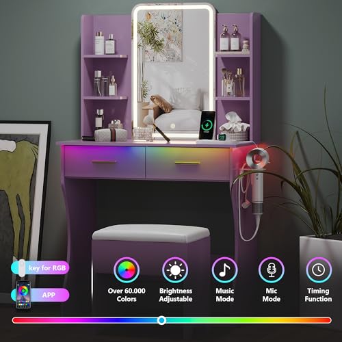 Image of Small Vanity Desk with Mirror and Lights, Makeup Vanity with LED Lights, Purple Vanity Mirror with Lighted Desk and Chair, 3 Lighting Adjustable Compact Dressing Table with Mirror for Women, Girls