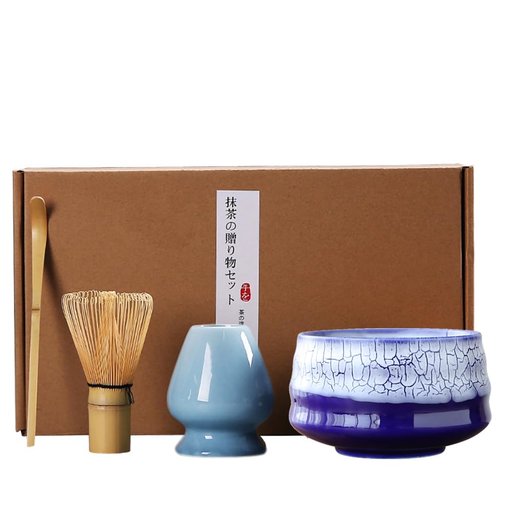 Beauenty Matcha Tea Set, Matcha Ceremony Accessory - Matcha Whisk, Ceramic Bowl and Whisk Holder, Traditional Scoop, Japanese Tea Matcha Ceremonial Grade Kit (Blue)