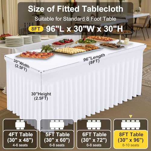 Image of Smiry Spandex Elastic Fitted Table Cloth Skirt for 8FT Rectangle Table | Stretch Washable Table Cloth, Banquet Table Cover for Wedding, Party, Indoor & Trade Shows, (White, 96Lx30Wx30H)