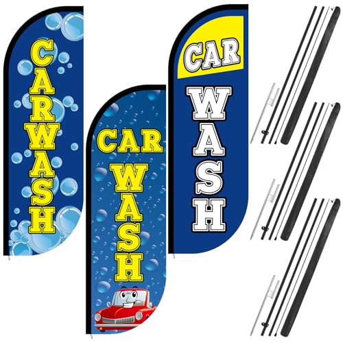 Fanfanwin 3 Pcs Car Wash Sign Car Wash Flags with 11ft Pole Business Feather Flag Banner Vehicle Clean Advertising Flags for Outdoor Business Advertising and Events Publicity