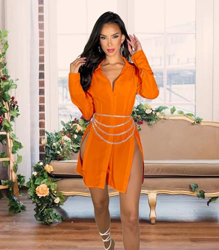 Image of Shirt Dress for Women Sexy Button Down Date Night Dresses Ruched Slit Stand Collar Long Sleeve Blouses