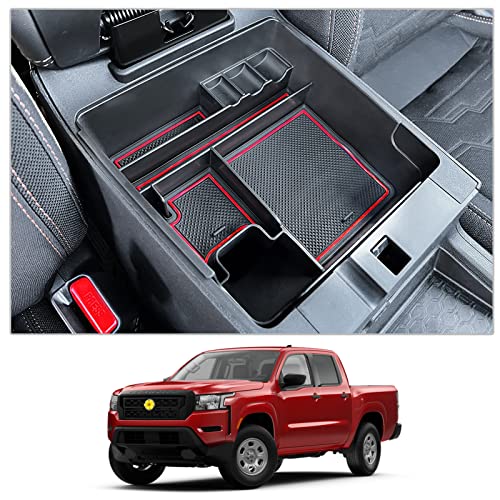 Image of CDEFG for 2022-2025 2026 Frontier Center Console Organizer for 2026 2025 Nissan Frontier Armrest Storage Box 2022-2025 2026 Frontier Pickup Truck Accessories(Red)