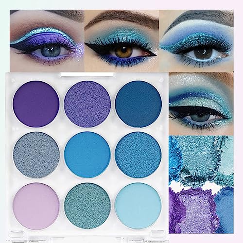 Teekerwan Palette Ombre à Paupières 9 Couleurs Brillant Mat Vert, Très Pigmentée, Poudre de Maquillage Accordable (Blue)
