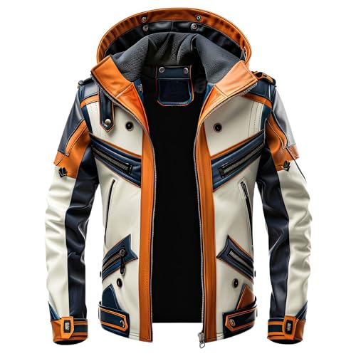 Men's Navy Blue White Genuine Sheepskin Hooded Stylish Racing Smooth Zip-up Multicolor Motorcycle Leather Jacket