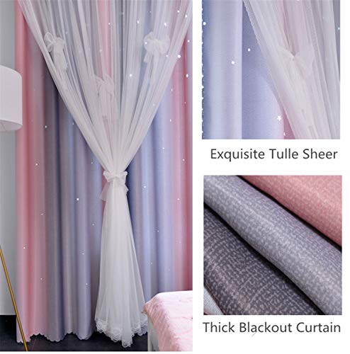 Image of Yancorp Room Darkening Blackout Curtains with Grommets Kids Lace Drapes Star Double Layer Window Panels with Tie Backs Bedroom Living Room (Pink Grey, W52 X 96 inch)