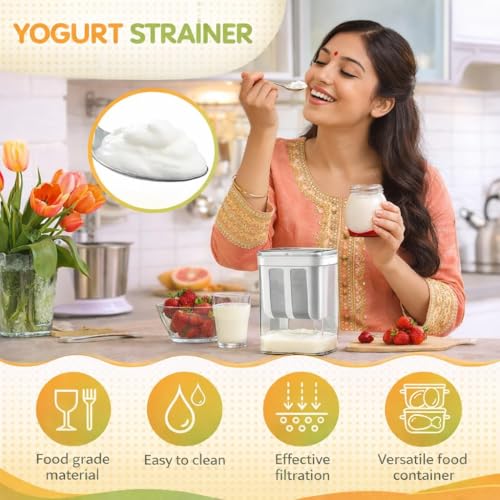 Image of SR 1100ML Greek Yogurt & Curd Maker | Fine Mesh Strainer with Lid | Home Essentials | shrikhand Maker | Hung Curd | Perfect for Homemade Yogurt | Whey Separator | Curd,Cheese & More