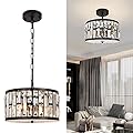 ZOSIMIO Contemporary Glass Prism Crystal Pendant Light, Modern Black Cylinder Drum Chandelier Farmhouse 3-Light Hanging Ceiling Light for Kitchen Island Dining Living Room Hallway