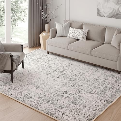 Grey Area Rug 5×7 Indoor Vintage Living Room Carpet Kitchen Washable Distressed Rug Gray Floral Bedroom Rug Retro Accent Throw Rug for Office Dining Room Bathroom
