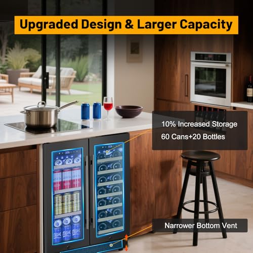 Image of Wine and Beverage Refrigerator, 24 Inch Beverage Cooler Dual Zone with Glass Door, Under Counter Beverage Fridge with Upgraded 60 Cans 20 Bottles Large Capacity, Black