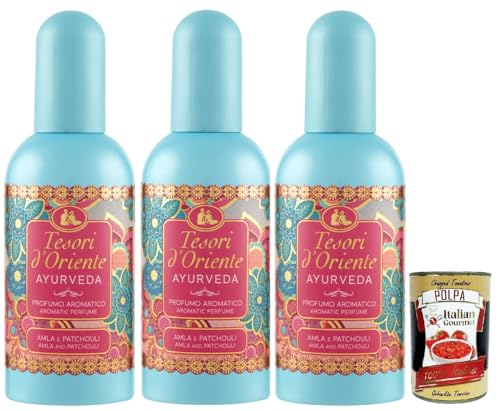 Tesori d'Oriente Ayurveda Profumi Edt Eau de Toilette 3x 100 ml spray, Aromatic perfume, Frischer und blumiger Duft + Italian Gourmet polpa 400g