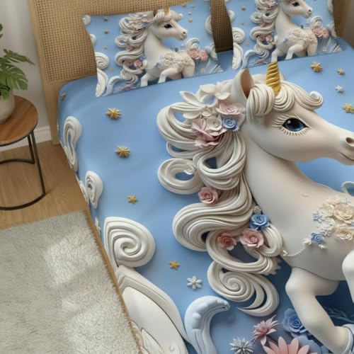 Image of 7D Fairy Tale Collection Double Bedsheet 90x100 inch with 2 Pillow Covers | Good Stitching, Soft Fabric & Vibrant 7D Digital Print for Kids & Couples (Blue)