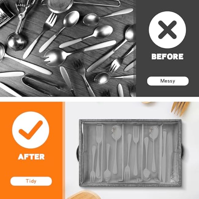 Flatware Utensil Storage Case, Silverware Storage Box with 4 Adjustable Dividers and Removable Lid, Cutlery Case Utensil with 5 Compartment Storage for Spoon Fork Knives Tableware (Gray)