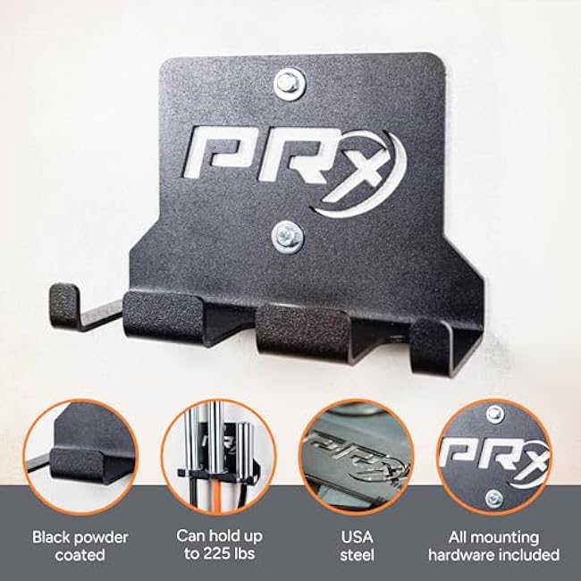 PRx Performance Three Barbell Storage Wall Mounted Hanging 3 Bar Holder USA Made American Black Powder Coated Space Saving Commercial or Home Gym Workout Fitness Equipment Garage Accessory Rack